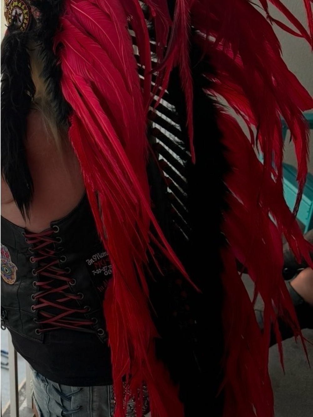 Bold Red and Black Feathered Indian head dress